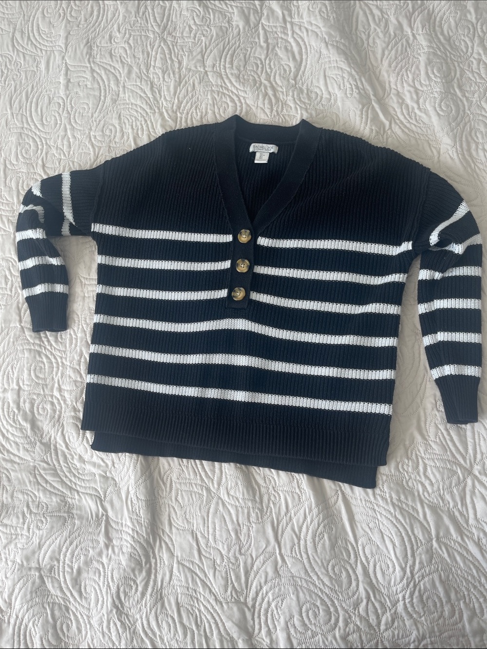 Rachel Zoe Black and White Striped V-Neck Button Sweater